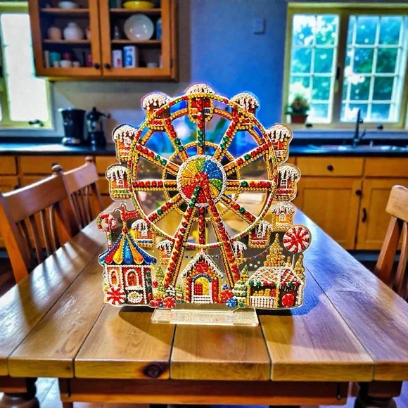 RESERVED Festive Ferris Wheel Holiday Decor Stand 6” Hand Crafted & Sealed - Picture 2 of 3
